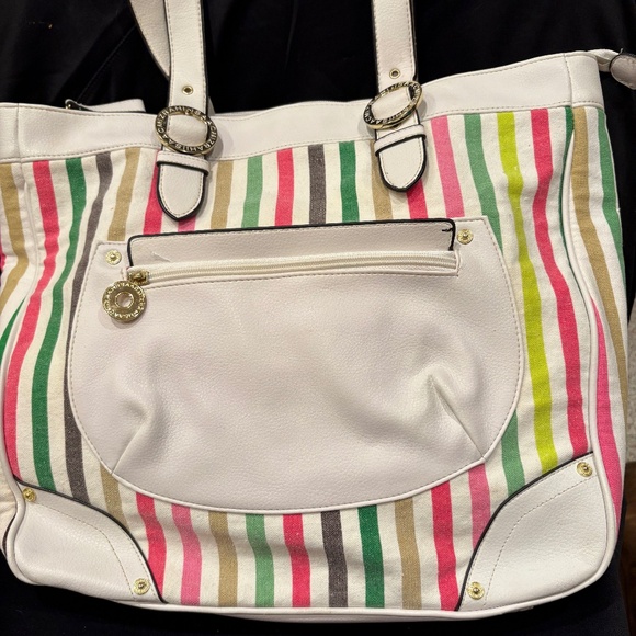 Isaac Mizrahi Live! Striped Canvas & Leather Tote Bag - Picture 1 of 4